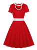 Robe de Vintage 1950 Courte Femme à Col Rond avec Manches Courtes Coupe Cintrée Bas Evasée Bicolores