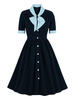 Robe de Vintage 1950 Courte Femme à Col V à Lacets avec Manches Courtes Coupe Cintrée Bas Evasée Bicolores