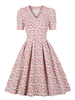 Robe de Vintage 1950 Courte Imprimé à Col V avec Manches Courtes Coupe Cintrée Bas Evasée