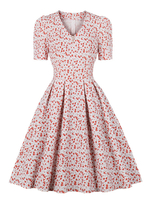 Robe de Vintage 1950 Courte Imprimé à Col V avec Manches Courtes Coupe Cintrée Bas Evasée