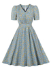 Robe de Vintage 1950 Courte Imprimé Femme à Col V avec Manches Courtes Coupe Cintrée Bas Evasée