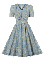 Robe de Vintage 1950 Courte Imprimé Femme à Col V avec Manches Courtes Coupe Cintrée Bas Evasée