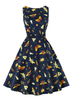 Robe de Vintage 1950s Courrte Imprimés avec Bretelles à Col Rond Coupe Cintrée Bas Evasée