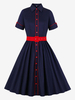 Robe de Vintage 1950s Courte Femme à Col Revers avec Manches Courtes Coupe Cintrée Bas Evasée Bicolores Robe de Rétro Robe Pin Up