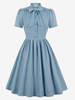 Robe de Vintage 1950s Courte Femme à Col V avec Noeud avec Manches Courtes Amples Coupe Cintrée avec Boutons Bas Evasée Unicolore Robe de Rétro Robe Eté