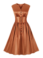 Robe de Vintage 1950s Courte Femme avec Bretelles à Col Rond Coupe Cintrée Bas Evasée Unicolore