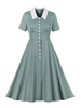Robe de Vintage 1950s Courte Femme avec Manches Courtes à Col Revers Coupe Cintrée Bas Evasée Unicolore
