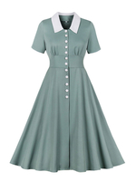 Robe de Vintage 1950s Courte Femme avec Manches Courtes à Col Revers Coupe Cintrée Bas Evasée Unicolore