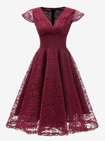 Robe de Vintage 1950s Courte Femme en Dentelle à Col Décolleté en V avec Manches Courtes Volantes Robe de Rétro