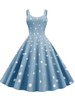 Robe de Vintage 1950s Courte Femme Imprimé Pois avec Bretelles à Col Rond Coupe Cintrée Bas Evasée Bicolores Robe de Rétro Robe Eté
