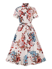 Robe de Vintage 1950s Courte Femme Imprimés à Col Revers avec Manches Courtes Coupe Cintrée à Lacets Bas Evasée