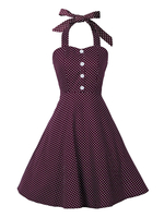 Robe de Vintage 1950s Courte Imprimé Pois Femme avec Bretelles à Col Rond à Lacets avec Epaule Dénudée Coupe Cintrée Bas Evasée Bicolores Robe de Rétro Sexy