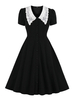 Robe de Vintage 1950s Femme à Col Revers avec Manches Courtes Amples Coupe Cintrée Bas Evasée avec Boutons Unicolore Robe de Rétro