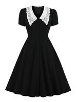 Robe de Vintage 1950s Femme à Col Revers avec Manches Courtes Amples Coupe Cintrée Bas Evasée avec Boutons Unicolore Robe de Rétro