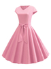 Robe de Vintage 1950s Femme avec Bretelles à Col V Coupe Cintrée avec Noeud Bas Evasée Unicolore Robe de Rétro Robe Eté
