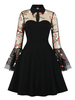 Robe de Vintage 1950s Femme Broderie Fleurie à Col Revers avec Manches Longues Volantes Coupe Cintrée Bas Evasée Robe de Rétro