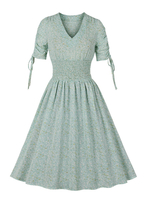 Robe de Vintage 1950s Femme Courte à Col V avec Manches Courtes à Lacets Coupe Cintrée Bas Evasée Unicolore