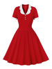 Robe de Vintage 1950s Femme Courte à Col V avec Manches Courtes Coupe Cintrée Bas Evasée Bicolores