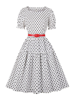 Robe de Vintage 1950s Femme Courte Imprimé à Col Rond avec Manches Courtes Coupe Cintrée Bas Evasée