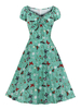 Robe de Vintage 1950s Femme Courte Imprimé à Col V à Lacets avec Manches Courtes Amples Coupe Cintrée Bas Evasée Robe de Rétro