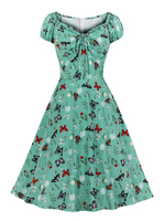Robe de Vintage 1950s Femme Courte Imprimé à Col V à Lacets avec Manches Courtes Amples Coupe Cintrée Bas Evasée Robe de Rétro