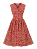 Robe de Vintage 1950s Femme Courte Imprimé avec Bretelles à Col V Coupe Cintrée Bas Evasée