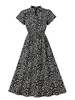 Robe de Vintage 1950s Femme Courte Imprimé avec Manches Courtes à Col Montant Coupe Cintrée Bas Evasée