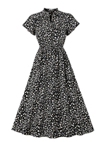 Robe de Vintage 1950s Femme Courte Imprimé avec Manches Courtes à Col Montant Coupe Cintrée Bas Evasée