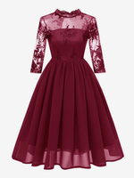 Robe de Vintage 1950s Femme en Mousseline en Dentelle à Col Montant avec Manches Mi-longue Transparente Robe de Rétro