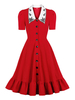 Robe de Vintage 1950s Femme Imprimé à Col Revers avec Manches Courtes Amples Coupe Cintrée Bas Evasée avec Boutons Unicolore Robe de Rétro