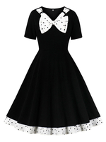 Robe de Vintage 1950s Femmes Courtes Imprimés à Col V avec Noeud avec Manches Courtes Coupe Cintrée Bas Evasée Bicolores