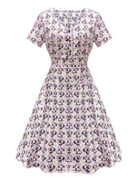 Robe de Vintage 1950s Imprimé Fleurie avec Manches Courtes à Col V Coupe Cintrée Bas Evasée Robe Rétro