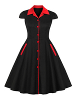 Robe de Vintage Courte 1950s Femme à Col Revers avec Manches Courtes Coupe Cintrée avec poches avec Boutons Bicolores Robe de Rétro
