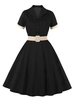 Robe de Vintage Courte Femme à Col Revers avec Manches Courtes Coupe Cintrée Bas Evasée Bicolores