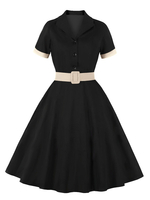 Robe de Vintage Courte Femme à Col Revers avec Manches Courtes Coupe Cintrée Bas Evasée Bicolores