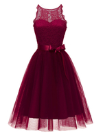 Robe de Vintage en Mousseline Femme Creusante Fleurie Courte à Col Rond avec Bretelles Coupe Cintrée à Lacets Bas Evasée Unicolore Robe de Rétro 1950s