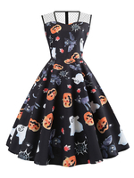 Robe de Vintage Halloween 2022 Femme Imprimé Citrouille à Col Rond avec Bretelles Coupe Cintrée Bas Evasée Robe de Rétro Halloween Robe