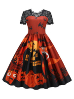 Robe de Vintage Halloween Citrouille Femme Courte à Col Rond Coupe Cintrée Bas Evasée Robe de Rétro 1950s Halloween Robe