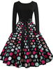 Robe de Vintage Imprimé Courte Femme avec Manches Longues à Col Rond Coupe Cintrée à Lacets Bas Evasée Robe de Rétro 1950s Femme