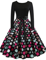 Robe de Vintage Imprimé Courte Femme avec Manches Longues à Col Rond Coupe Cintrée à Lacets Bas Evasée Robe de Rétro 1950s Femme