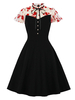 Robe de Vintage Imprimé Pois avec Manches Courtes à Col Montant à Lacets Coupe Cintrée Bas Evasée Robe de Rétro 1950s