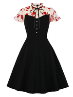 Robe de Vintage Imprimé Pois avec Manches Courtes à Col Montant à Lacets Coupe Cintrée Bas Evasée Robe de Rétro 1950s