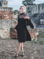 Robe de Vintage Imprimé Pois avec Manches Longues Volantes à Col Montant Coupe Cintrée Bas Evasée Unicolore Robe de Rétro 1950s