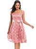 Robe Dentelle Broderie Fleurie Femme Courte avec Bretelles à Col Décolleté Coupe Cintrée à Lacets avec Noeud Bas Evasée Unicolore