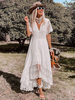 Robe Dentelle Creusante Longue Femme avec Manches Courtes à Col Décolleté en V Coupe Cintrée Bas Evasée Unicolore Robe Femme