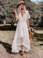 Robe Dentelle Creusante Longue Femme avec Manches Courtes à Col Décolleté en V Coupe Cintrée Bas Evasée Unicolore Robe Femme