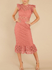Robe Dentelle Mi-longue Femme Creusante à Col Rond avec Manches Courtes Coupe Cintrée Bas Evasée Unicolore