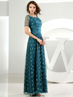 Robe dentelle mère-de-la-mariée manches courtes vert foncé parole longueur robe fête de mariage a-line Robes pour les invités de mariage