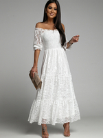 Robe Dentelle Stretch Polyester Col Bateau Demi-Manches En Dentelle
