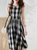 Robe droite à col bijou Robe dété midi en polyester à motif à carreaux noir
